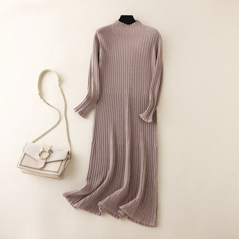 Pleated Mock Neck Knitted Sweater Dress One Size Khaki