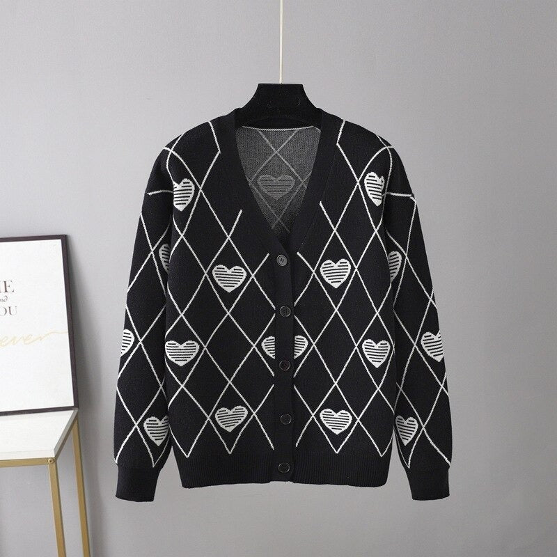 Warm Loose V-Neck Knitted Cardigan For Women Black One Size