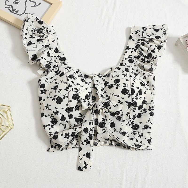 Bow Tie Lace-up Floral Print Camisole Tops For Women White Print One Size