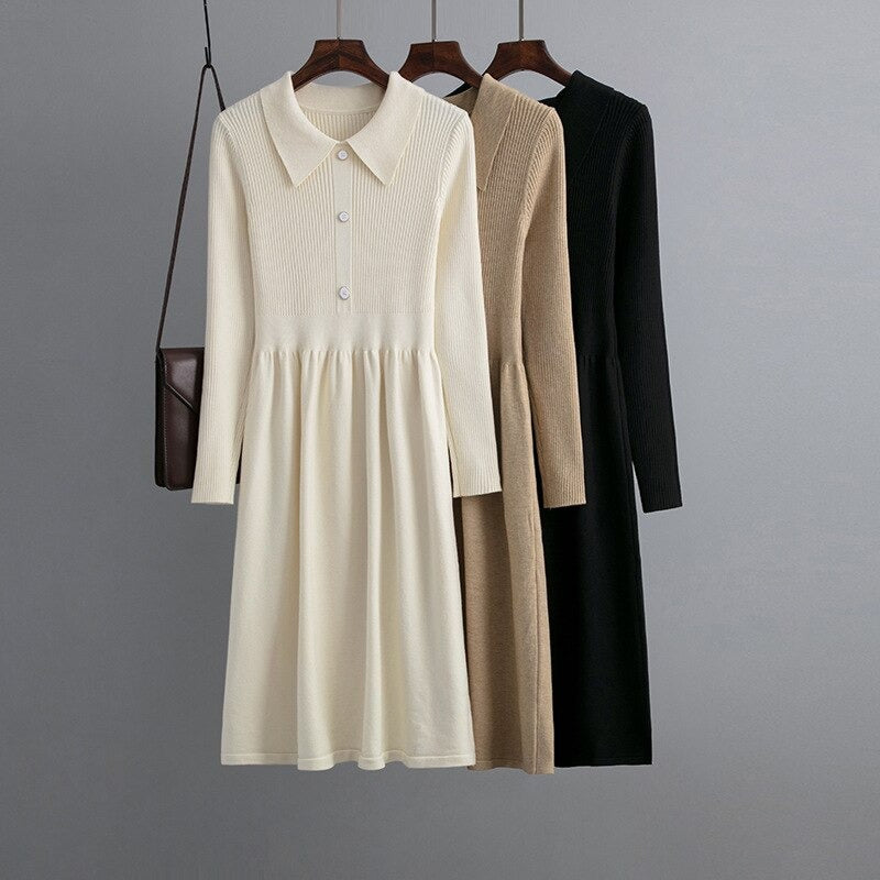 Long Pleated V-Neck A-Line Knitted Sweater Dress