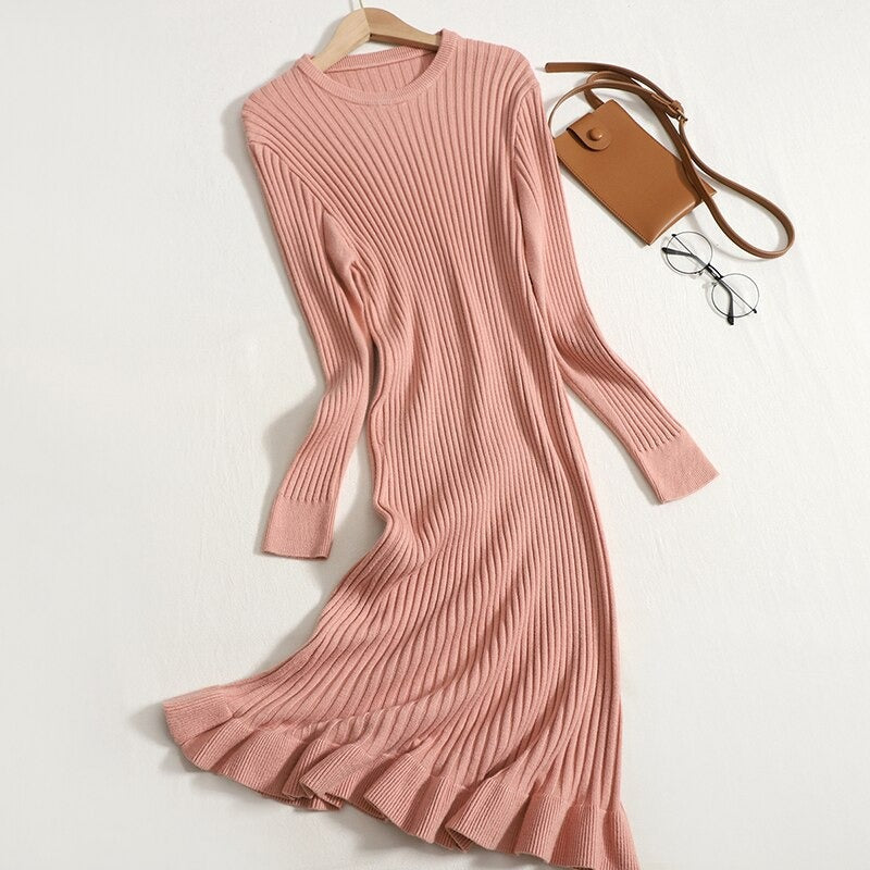 Long Sleeve A-line Knit Sweater Dress For Women Pink One Size