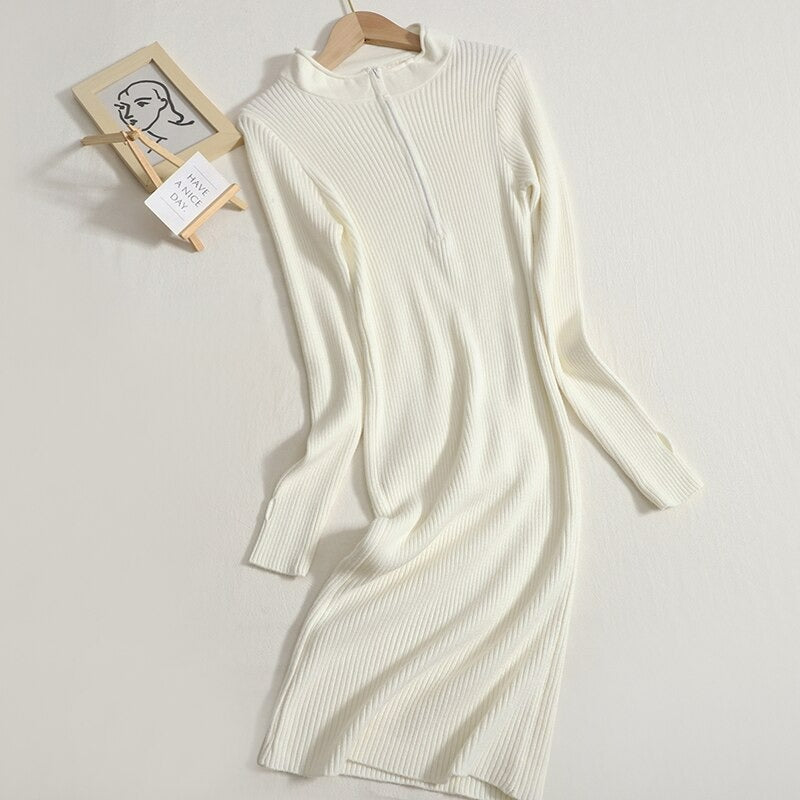 Women's Zipper Collar Thin Knit Sweater Dress White One Size