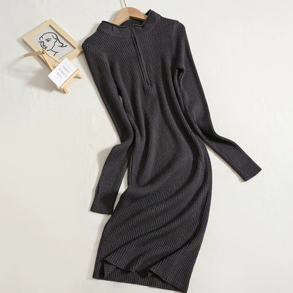 Women's Zipper Collar Thin Knit Sweater Dress Gray One Size