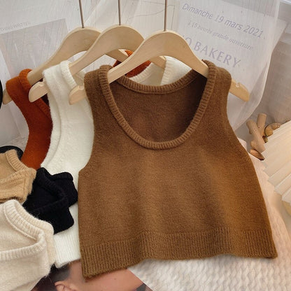 Solid Sleeveless Short Knitted Pullover Sweater Vest