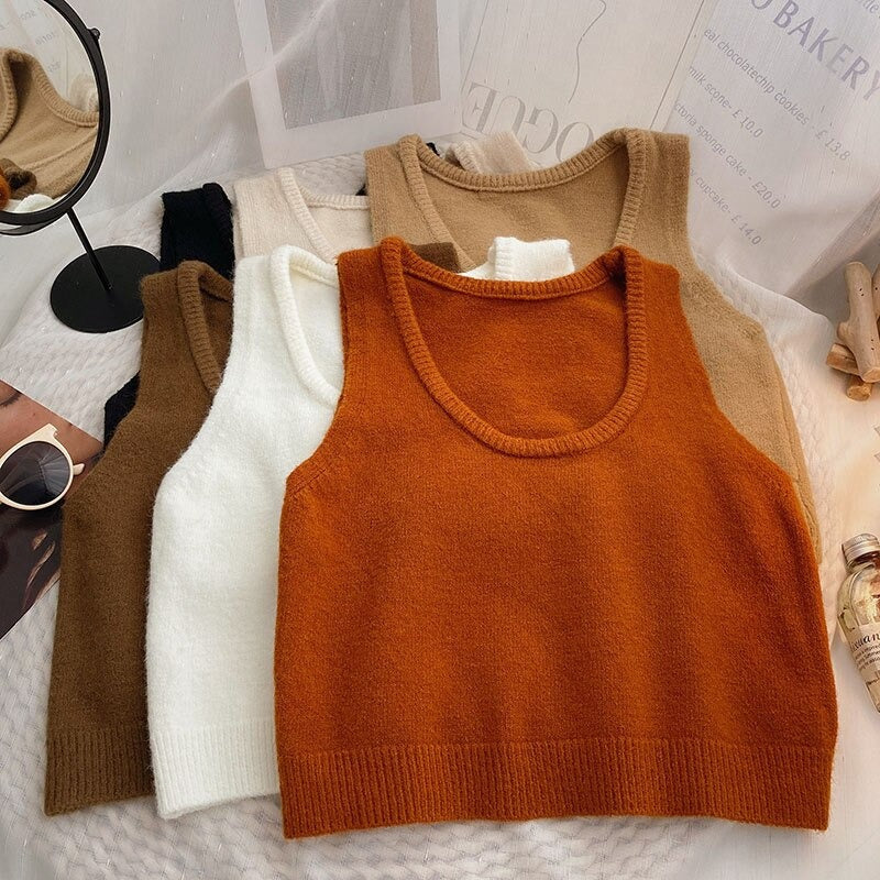 Solid Sleeveless Short Knitted Pullover Sweater Vest