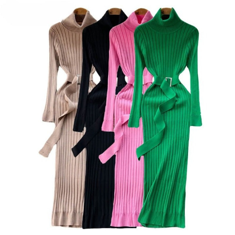 Knitted Waist Slimming Long Bodycon Dress With Belt