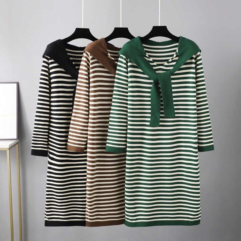 Women's Hooded Loose Striped Sweater Dresses With Shawl