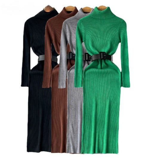 Long Turtleneck A-Line Knitted Bodycon Dress With Belt