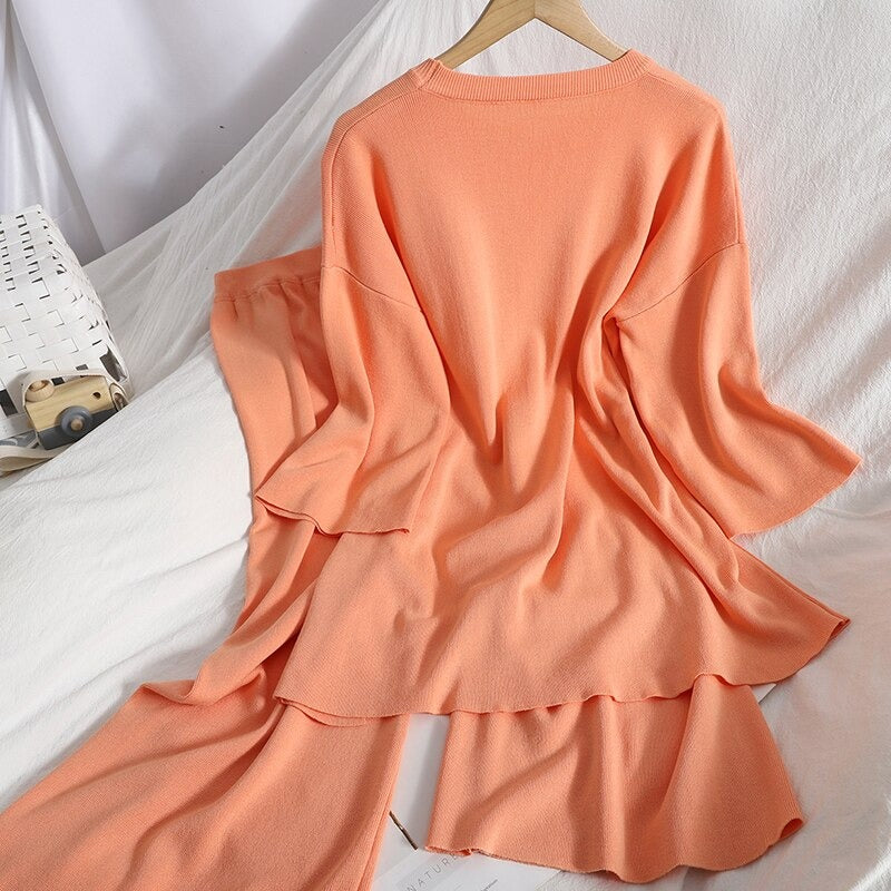 2 Pieces Long Slit Top With Loose Wide-Leg Pants For Women Orange One Size