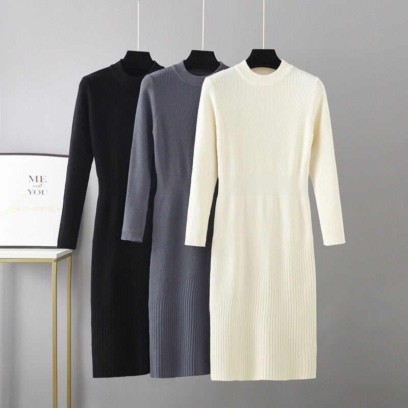 Half Turtleneck Over-The-Knee Fit Knitted Sweater Dress