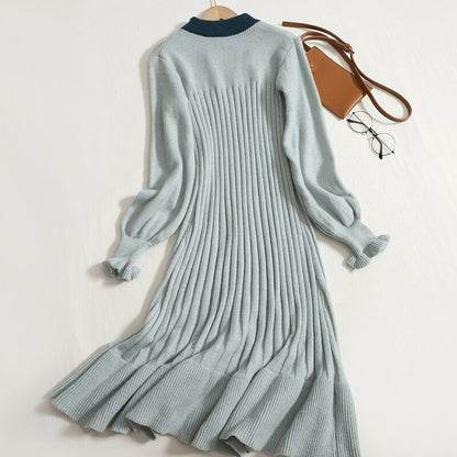 Hollowed Out Collar Ruffles Knitted Sweater Dress