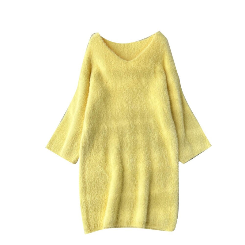 Loose V-Neck Vintage Knitted Sweater Dress One Size Yellow