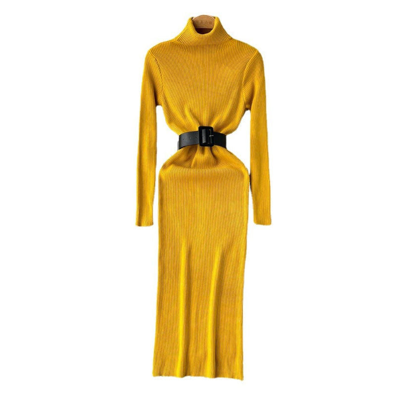 Women's Turtleneck A-Line Knitted Bodycon Dress With Belt One Size Yellow