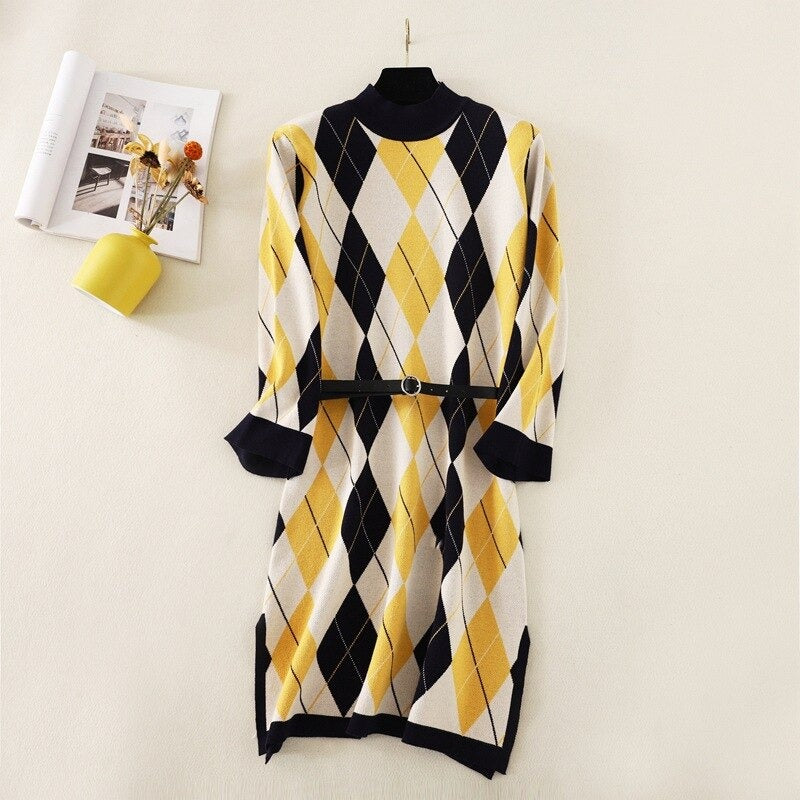 Retro Loose Plaid Sweater Dress For Women One Size Yellow